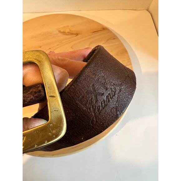 90s Brown Distressed Look Genuine Leather Square Gold Buckle Belt Size Medium
